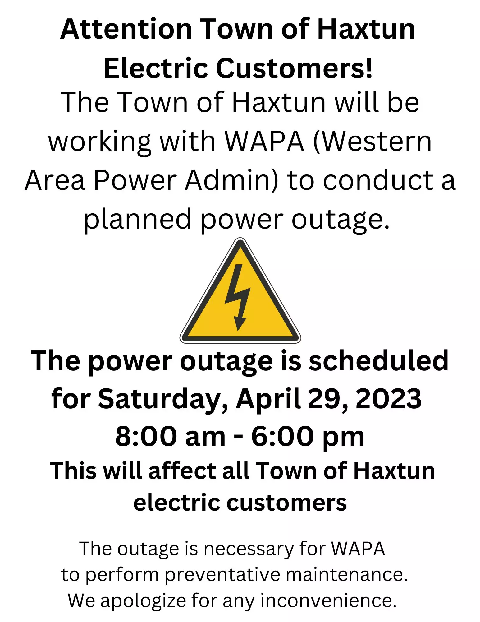Town of Haxtun Scheduled Power Outage, scheduled for 04/29/2023.
